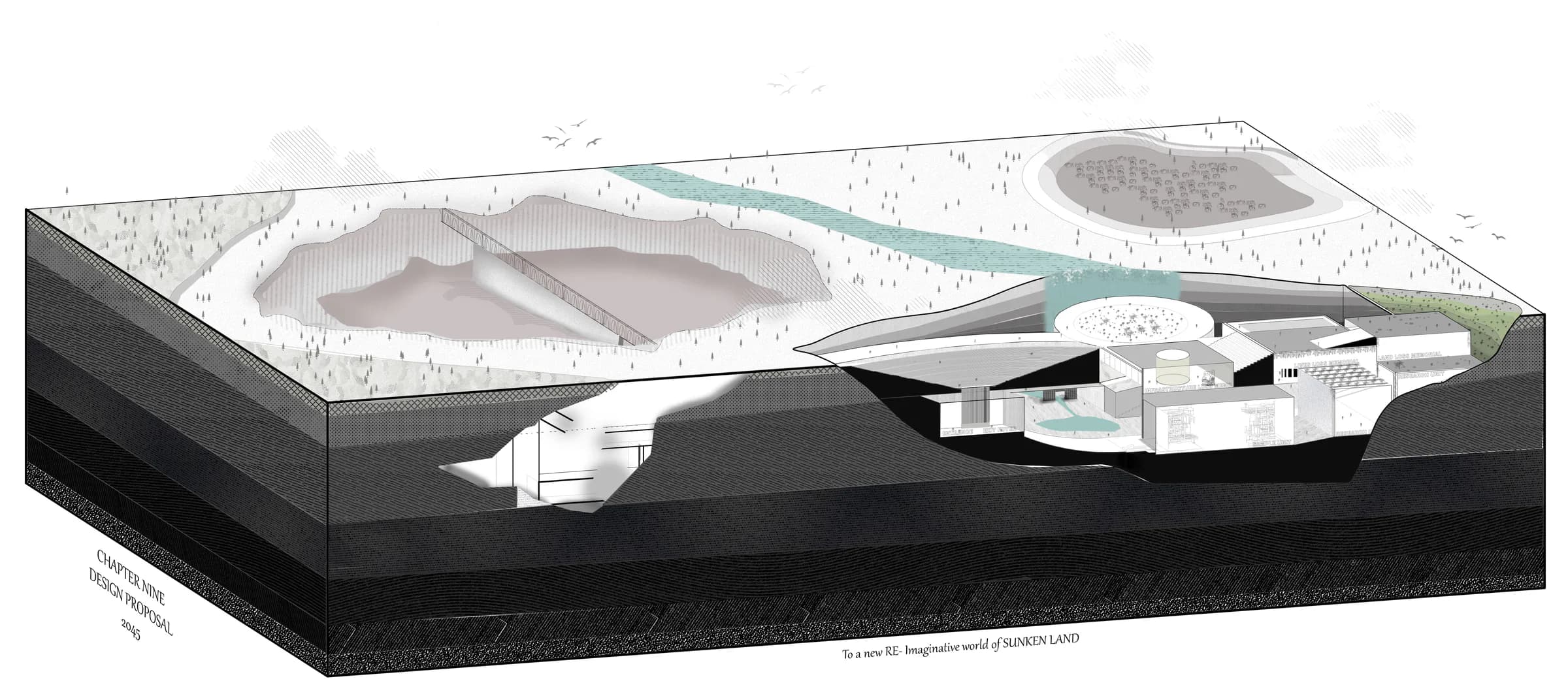 Final thesis proposal showing an inhabited architectural landscape embedded within layered ground