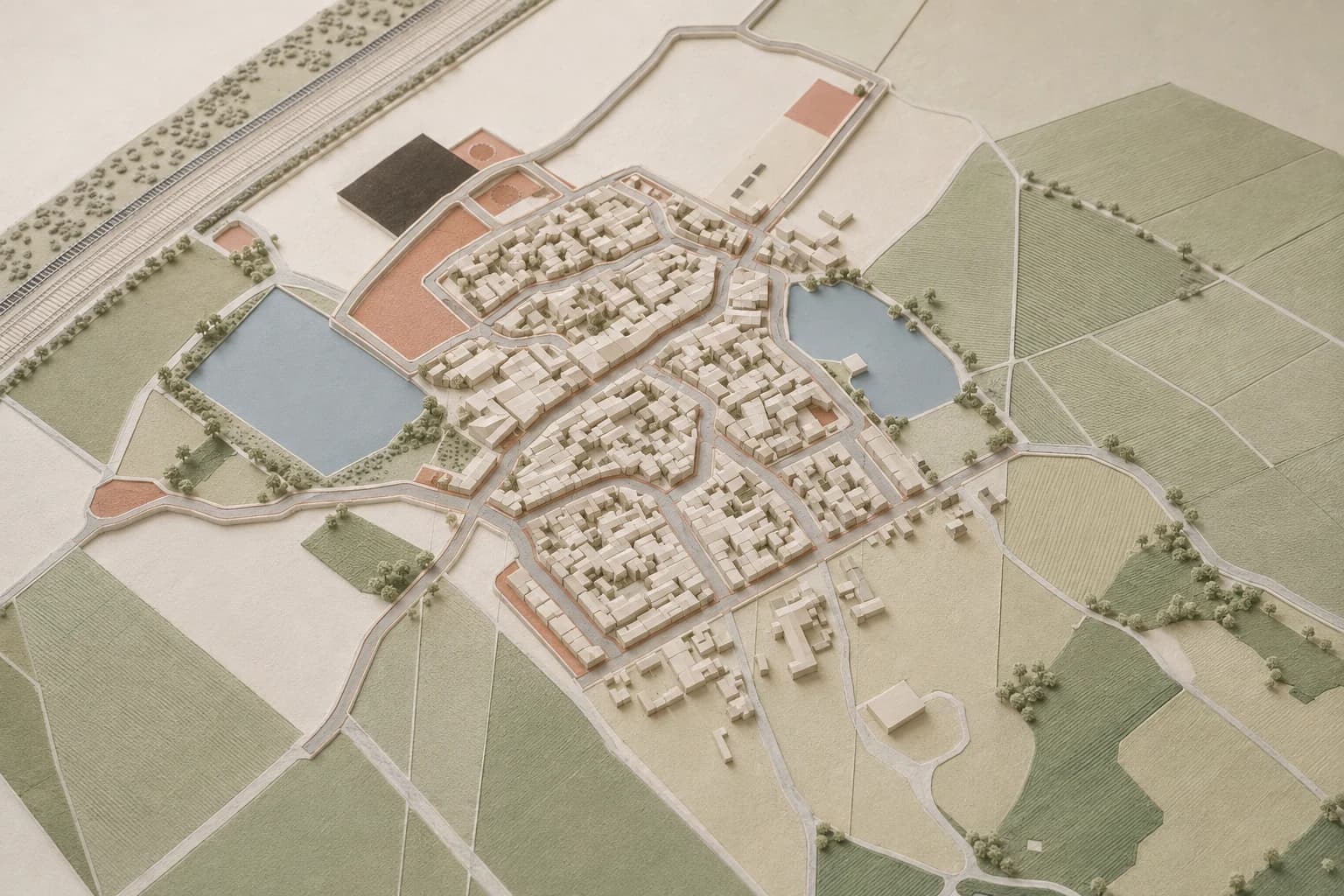 Architectural concept model interpreting the proposed Jahanpur village plan, with homes, roads, shared spaces, water bodies, and agricultural land